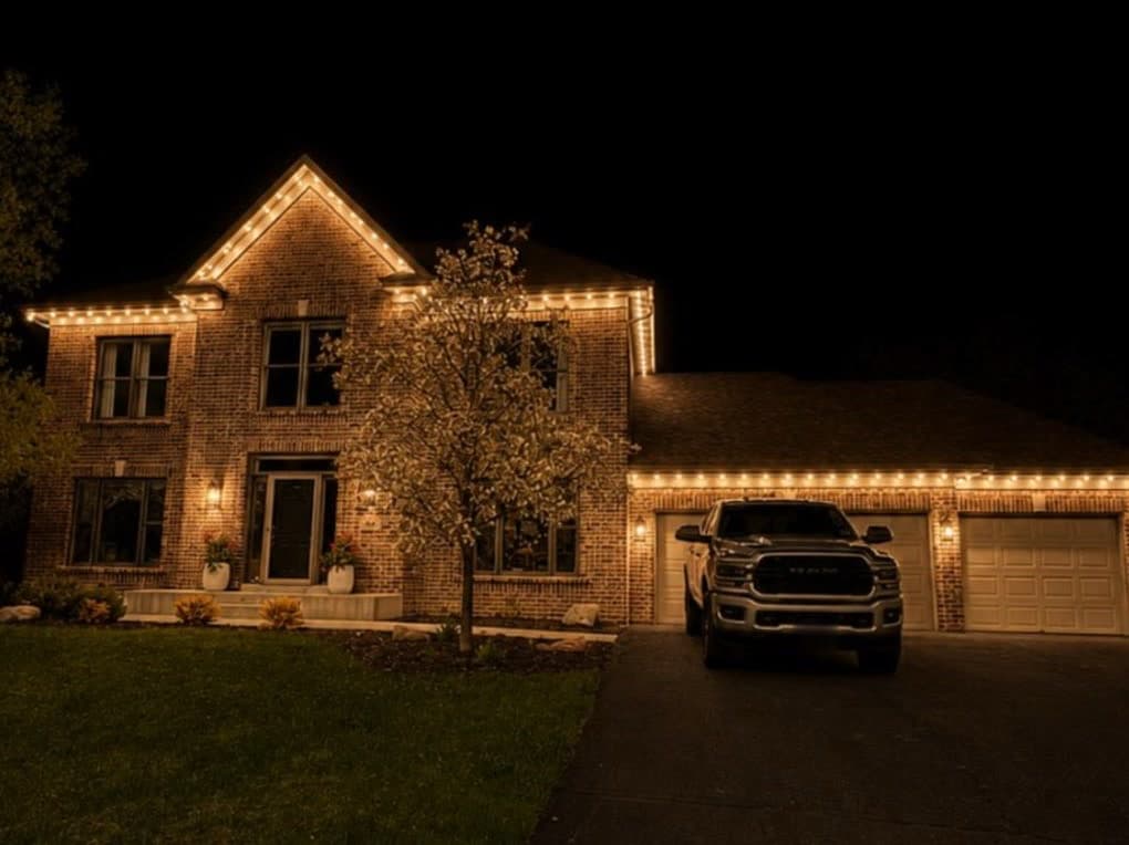 The same home at night with warm white lights running along every roofline, gable, and garage eave